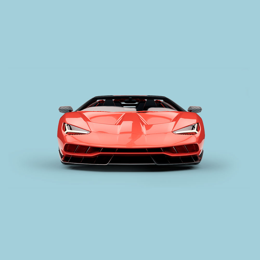 Red stationary sports car on specialist car finance on pastel blue background